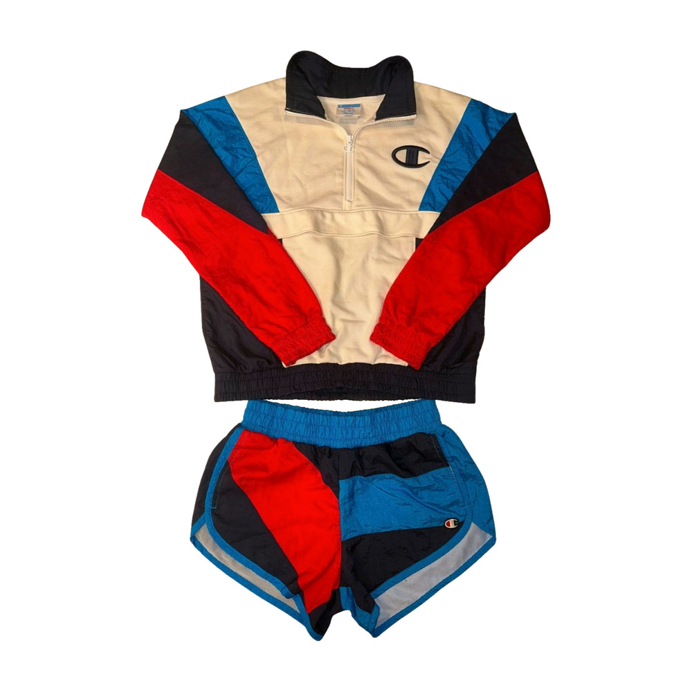 Champion Retro Matching Set Cotton Sweatshirt & Nylon Shorts Cream Red Blue XS/S